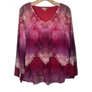 Energe Y2K Babydoll Top Womens M Boho Pink Paisley Beaded Sheer Bell Sleeve Tier